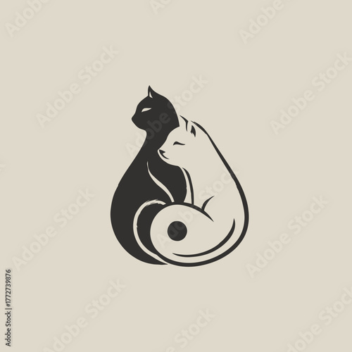 Yin Yang Cats Symbol Illustration - Black and White Felines Representing Balance, Harmony, Duality, and Complementary Forces