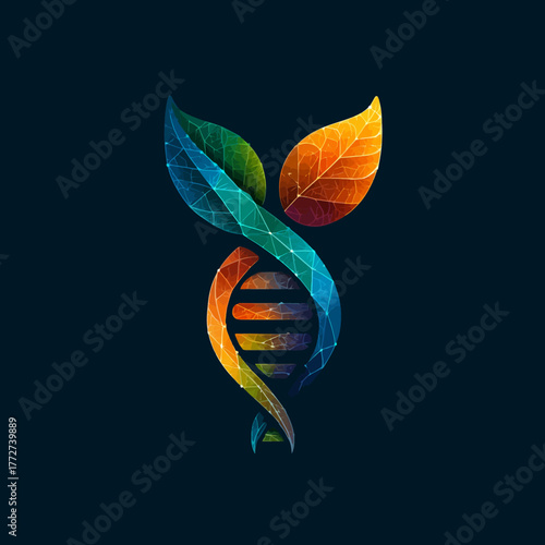 Vibrant geometric DNA helix intertwined with colorful leaves, symbolizing natural science, biotechnology, ecological growth, and genetic engineering.