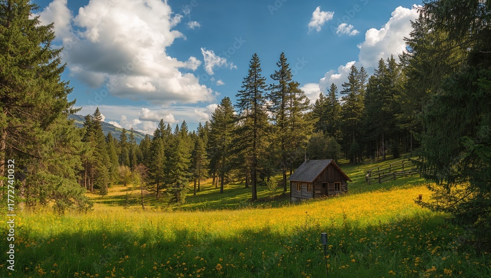 Naklejka premium Stunning view of a pine woodland nestled in a mountain gorge under a bright sky with clouds