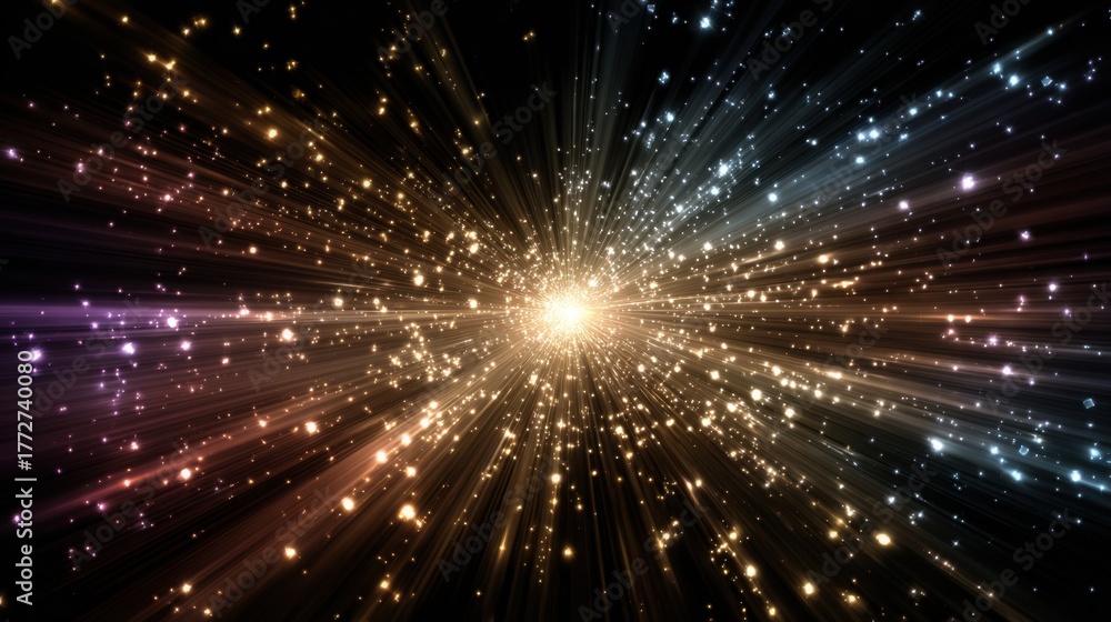 Naklejka premium Bright beams of light radiate outward creating a stunning cosmic explosion with sparkles.