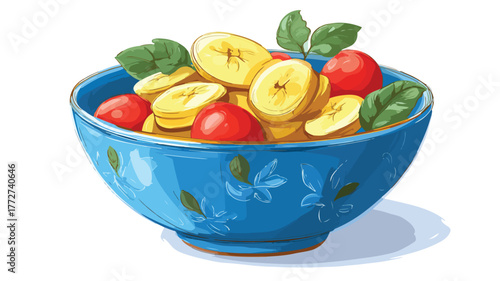 Vibrant Blue Bowl with Sliced Bananas and Tomatoes, Fresh Leaves, Healthy Ingredients