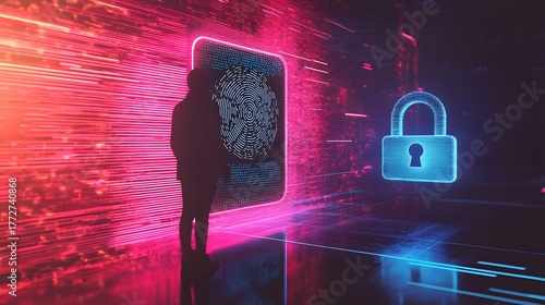 A man standing before giant digital lock screen in cyber tunnel