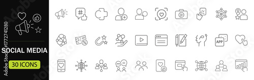 Social Media Web line Icon Set. Social network linear icons including like, share, blog, comment, media, website, content, business marketing for communication and UI design. Vector illustration.