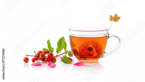 Tea cup with rosehip infusion on white backdrop