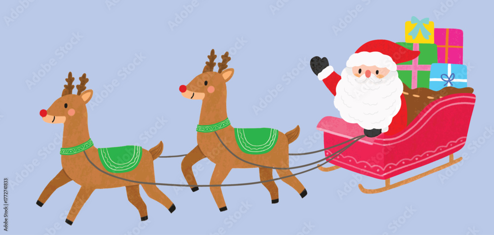 Naklejka premium Santa Claus in Sleigh with Reindeer Illustration.