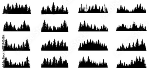 Vector set of black pine tree silhouettes featuring forest landscapes, dense woodland outlines, conifer borders, and natural horizons