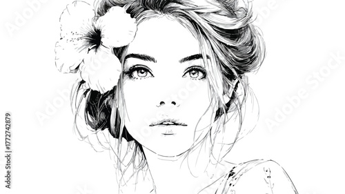 Elegant Girl with Flower in Hair Vector Illustration for Design Projects