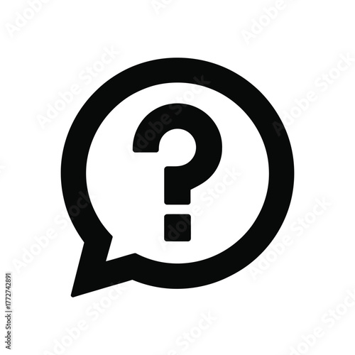 Black question mark inside speech bubble icon on white background