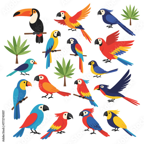 Colorful tropical birds and lush palm leaves create a vibrant illustration perfect for designs related to exotic wildlife, rainforests, and summer themes.
