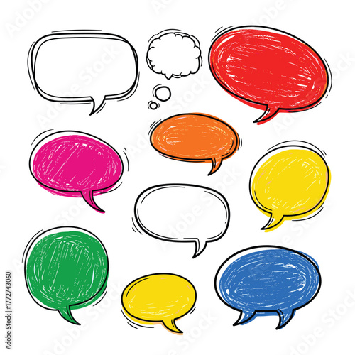 Colorful hand-drawn speech bubbles and thought bubbles in various shapes and sizes, perfect for communication, dialogue, and creative design projects.