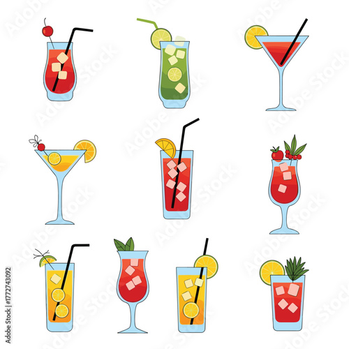 Colorful assortment of various refreshing cocktails and tropical drinks in decorative glassware, perfect for summer celebrations and bar menus.