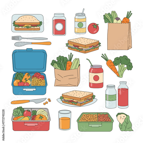 Colorful and healthy lunch items arranged in a playful illustration, including sandwiches, fruits, vegetables, and drinks, perfect for back to school or picnic themes.