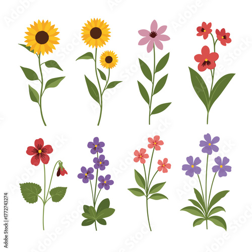 Wallpaper Mural A colorful collection of stylized wildflower illustrations featuring sunflowers, pink blooms, and delicate purple blossoms on green stems, perfect for spring designs. Torontodigital.ca