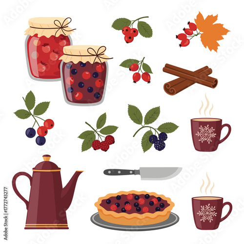 Autumn harvest still life featuring berry jams, fresh fruit, warm beverages, and a homemade pie, evoking cozy fall vibes and seasonal baking traditions.