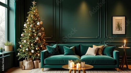 A christmas tree and a green velvet sofa in a room with dark green walls and a round golden table