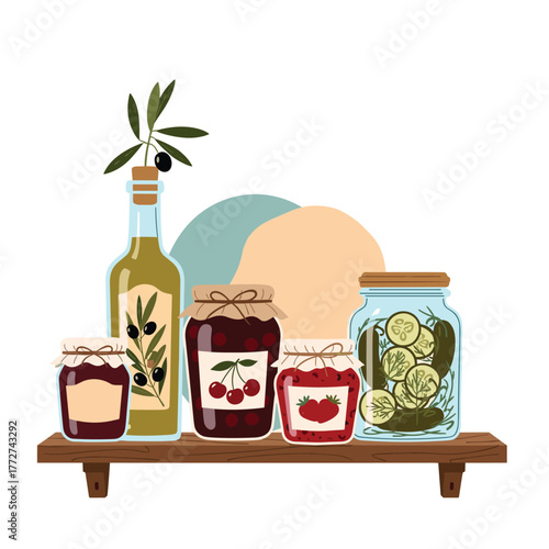 A colorful assortment of homemade preserves and olive oil displayed on a rustic wooden shelf, evoking a sense of traditional food preparation and healthy eating.