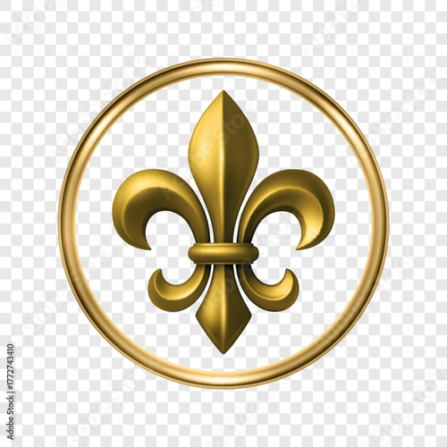 Vector 3d Golden Fleur De Lis Symbol in Round Frame. Elegant Royal Emblem. Classic French Heraldic Icon. Luxury Fleur De Lis Sign. Logo Design, Badge, Noble Decoration, Vintage Ornament