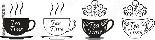 Flat tea cup vector icon set with steam and "Tea Time" text in solid and outline styles for cafe and beverage design