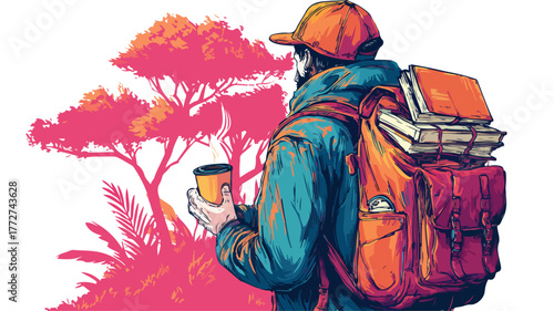 Man Backpack Book Coffee Drawing