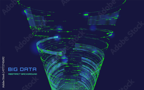 Futuristic data green digital 3D tower or wormhole. Abstract wireframe mesh. For technology or science. Vector Illustration.