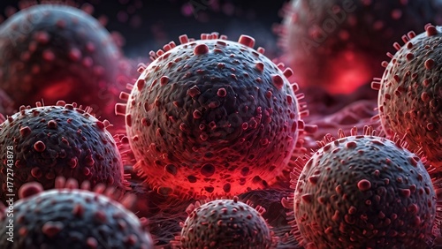 Viral Microscopic View: 4K Red and Dark 3D Rendered Pathogen Cluster