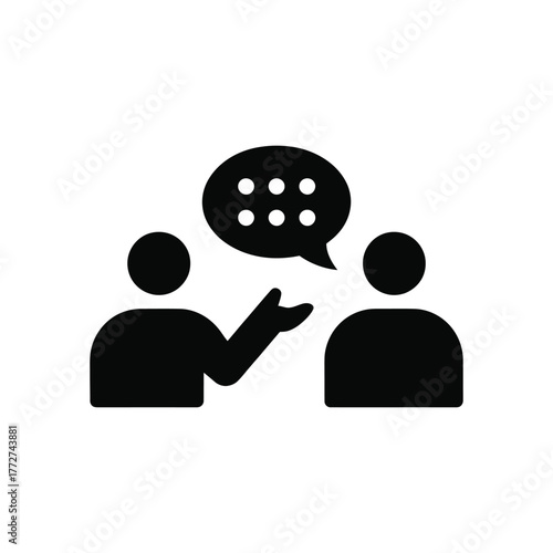 Black silhouette icon showcasing two people discussing business on a white background