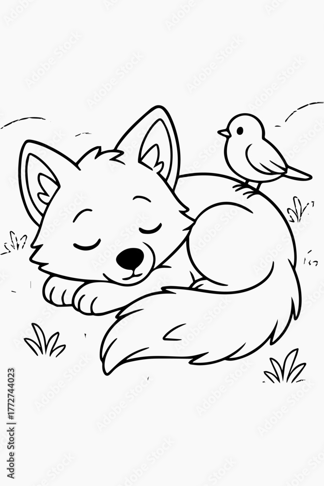 Fototapeta premium Dreamy Fox Coloring Page A Serene Nap with Bird Friend in Outlines