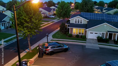 Electric car charging in a suburban neighborhood at dusk, powered by solar energy.