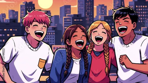Group of Young People Laughing Together With Urban Cityscape Background