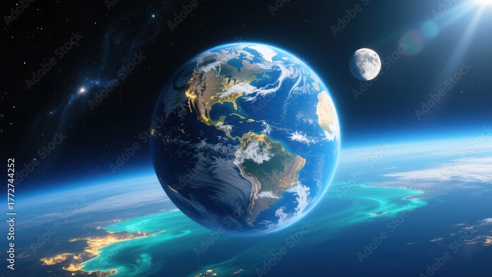 Obraz premium Vibrant blue planet with glowing oceans and orbiting moon under radiant sun, space exploration, digital earth