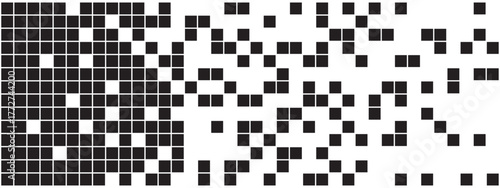 Black and white pixel background with halftone effect. Random square shapes abstract pattern. Explosion, dissolvation, disintegration or disappearing process concept. Vector graphic illustration