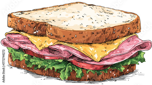 Delicious Sandwich with Meat and Cheese Vector Illustration for Food Concepts