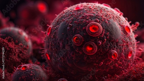 Aggressive Cancer Cell or Virus with Glowing Red Components - Dark Microscopic 3D Rendering of Disease