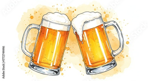 Two frosty beer mugs clinking together in a cheerful toast, symbolizing celebration and camaraderie, with a light watercolor splash background, perfect for a refreshing design