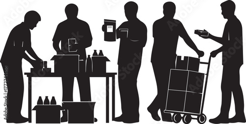 Diverse group of volunteers working together at a donation drive distributing supplies