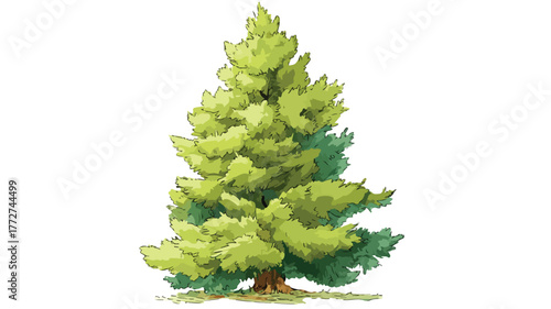 Detailed Vector Drawing of Tree with Green Needles and Outline
