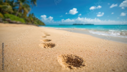Footprints left in sand on a beach, seasonal change, summer