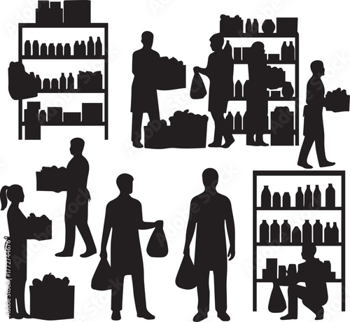 Diverse volunteers organize food pantry shelves distributing goods international volunteer day celebration