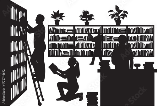 People silhouette working together in library organizing bookshelf learning and reading