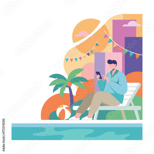 Man relaxing on lounge chair by pool using smartphone Summer vacation and digital leisure