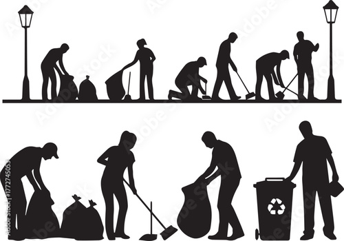 International volunteer day diverse silhouettes cleaning city streets with trash bags and brooms