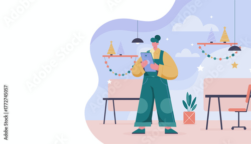 Professional checking tablet in a cozy decorated winter office environment copy space