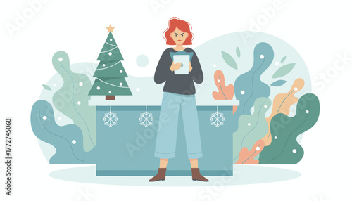 Frustrated woman reviewing a holiday checklist on a tablet next to a Christmas tree Holiday stress