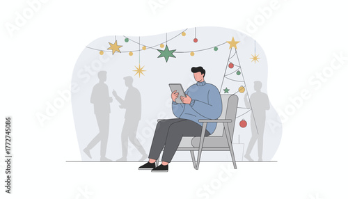 Man uses a tablet during a festive holiday gathering surrounded by celebrating silhouettes
