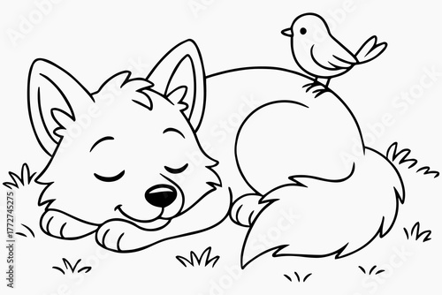 Resting Fox with Bird Friend A Cute Coloring Book Illustration