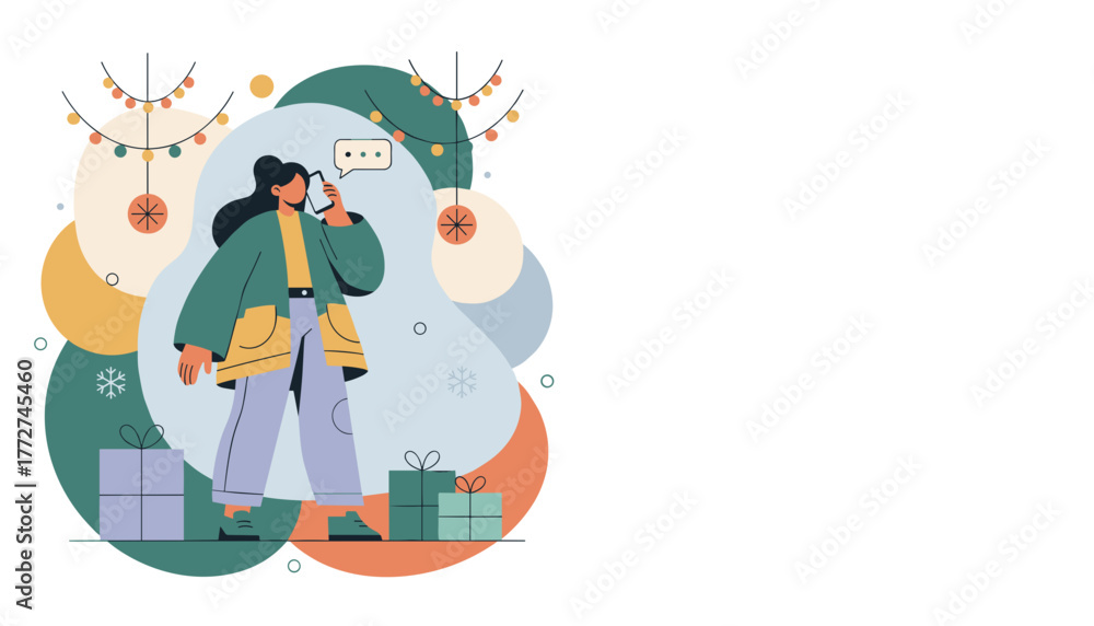 Naklejka premium Talking on phone surrounded by holiday gifts and winter decor Festive communication and planning