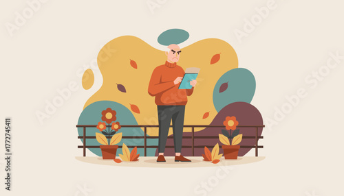 Angry senior man struggling with a digital tablet on a patio in autumn Technology frustration