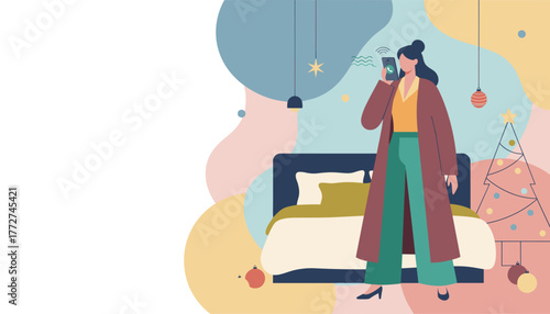 Woman talking on phone in a modern bedroom decorated for Christmas Holiday connection