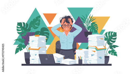 Stressed woman overwhelmed by excessive paperwork office work and impossible deadlines