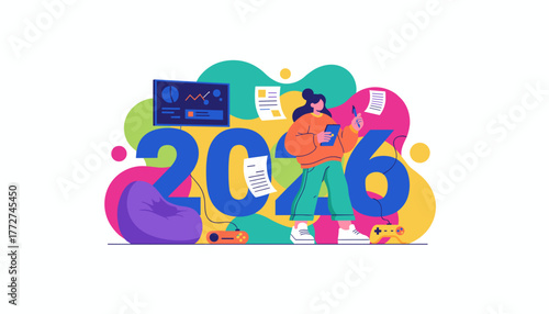 Young woman planning future goals for 2026 balancing digital work planning and leisure activities